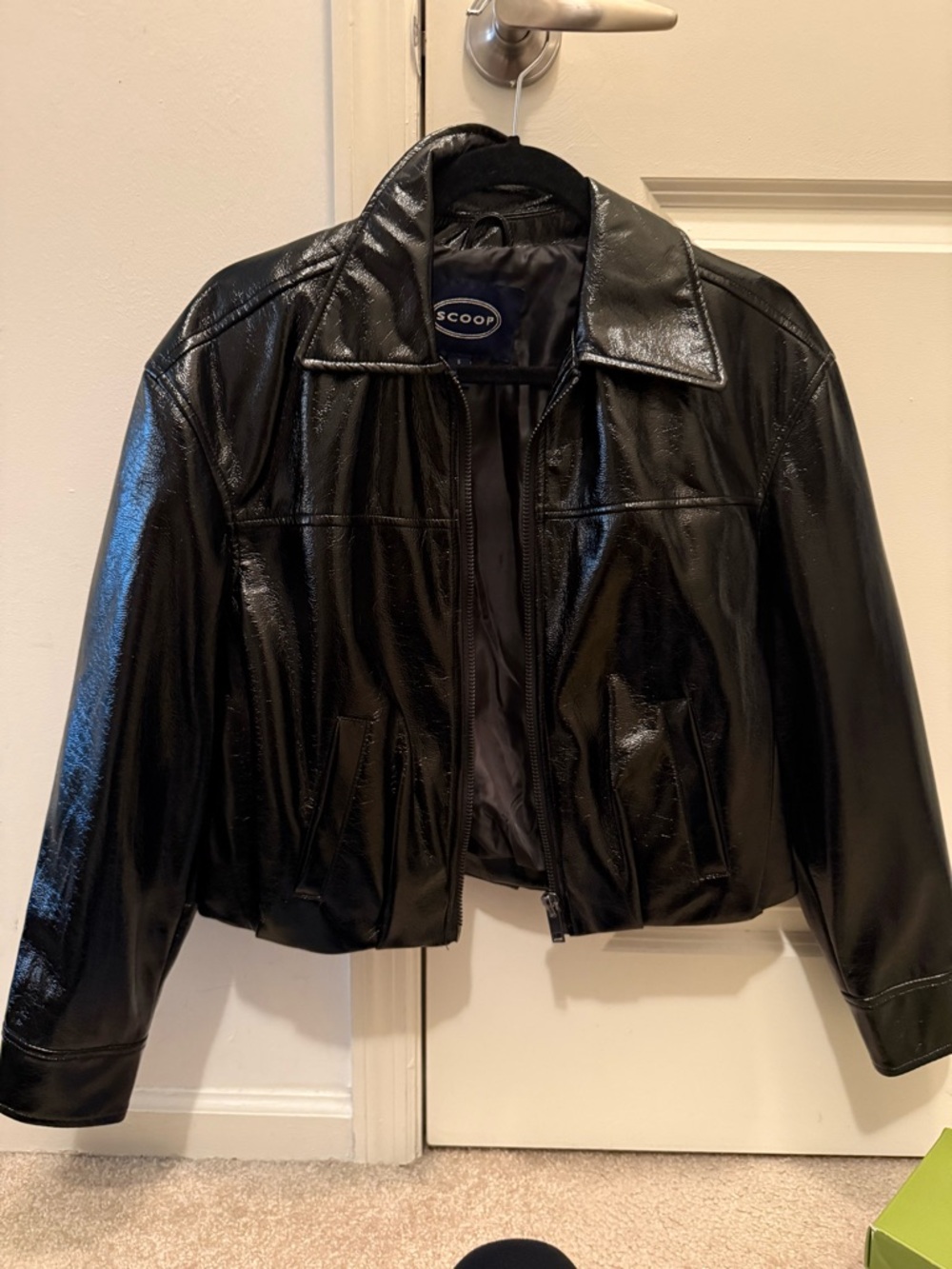 Scoop NYC Black Shiny Faux Leather Bomber Jacket